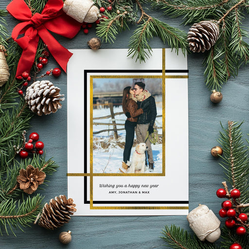 Modern minimalist photo holiday card with a gold frame, featuring a custom photo and an editable digital New Year greeting template.
