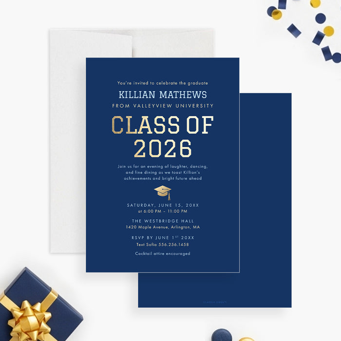 Class of 2026 graduation invitation in navy blue with modern lettering for a graduation party celebration-front-back