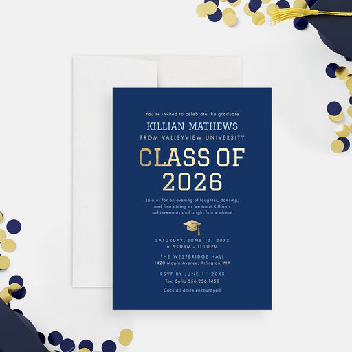 Class of 2026 graduation invitation in navy blue with modern lettering for a graduation party celebration-front