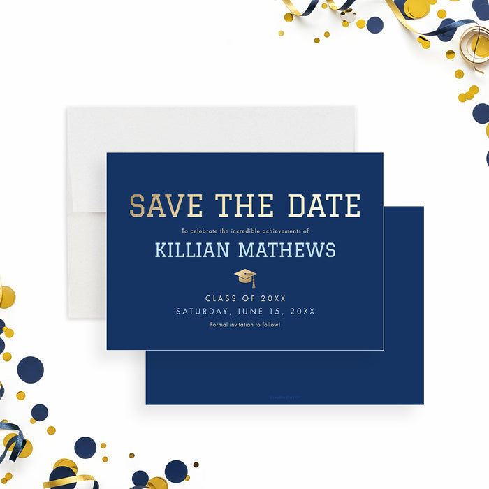 Class of 2026 graduation save the date card in navy blue with modern lettering for a graduation party-front-back