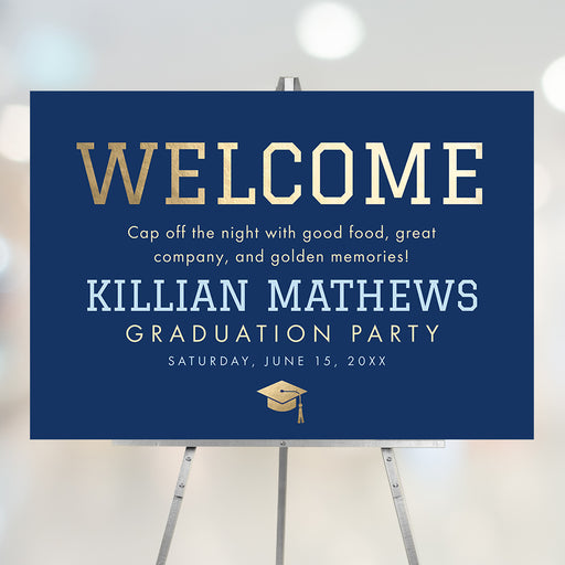 Graduation welcome sign Class of 2026 navy design with bold lettering for grad party entrance display