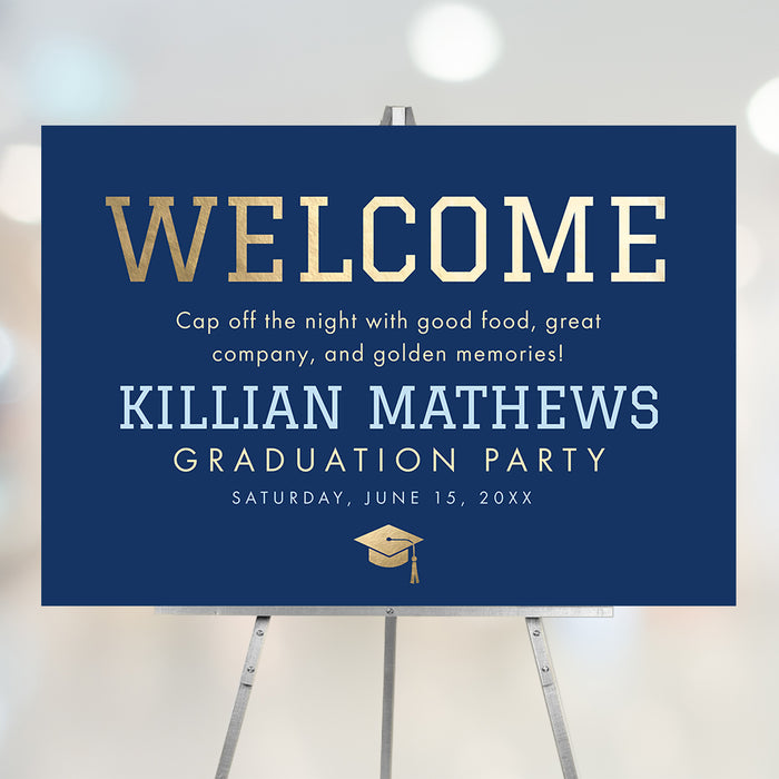 Graduation welcome sign Class of 2026 navy design with bold lettering for grad party entrance display