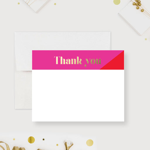 Modern hot pink and red thank you card with gold text design, perfect for weddings, bridal showers, birthdays, or stylish personal notes
