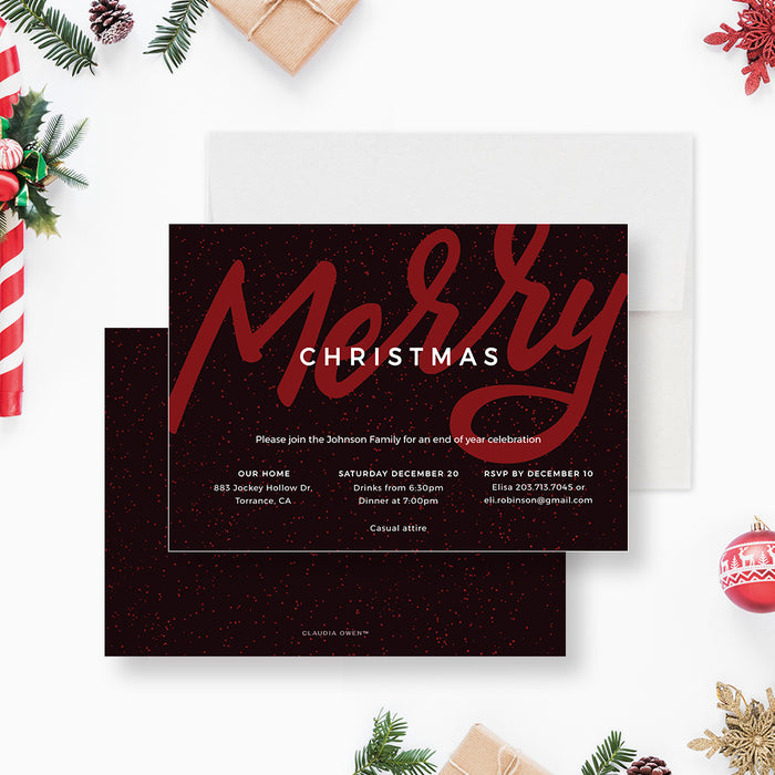 Front and back of the Merry Christmas party invitation template, showing red script and a dark speckled back.