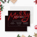 Front and back of the Merry Christmas party invitation template, showing red script and a dark speckled back.
