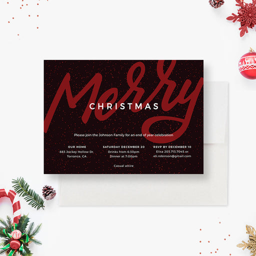 Modern Christmas party invitation template with large red Merry script and white details on a dark speckled background.