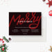 Modern Christmas party invitation template with large red Merry script and white details on a dark speckled background.