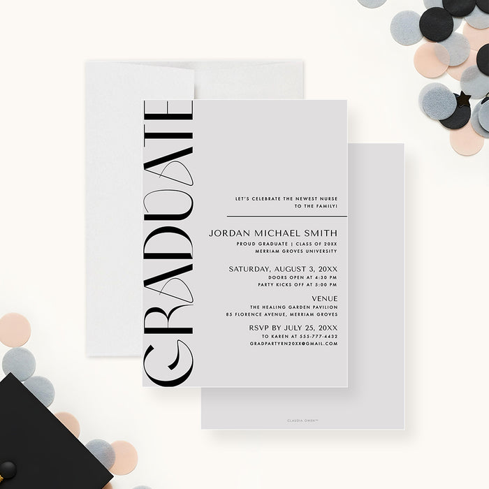 Modern minimalist graduation invitation with bold vertical "GRADUATE" text on a light gray background-front-back
