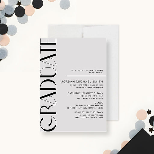 Modern minimalist graduation invitation with bold vertical "GRADUATE" text on a light gray background-front