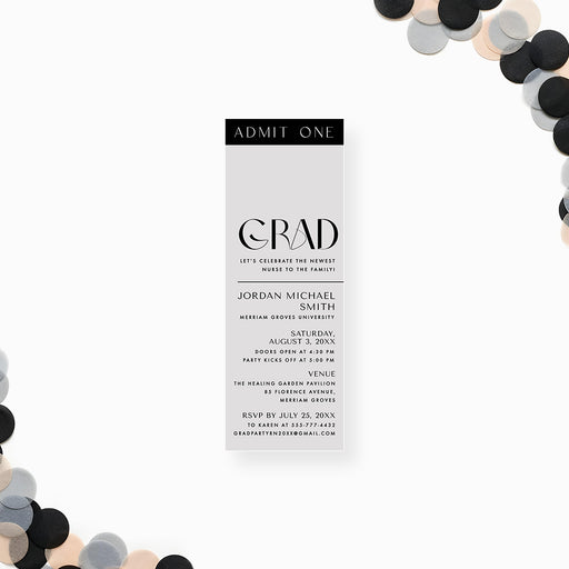 Modern black and grey graduation ticket invitation with bold typography