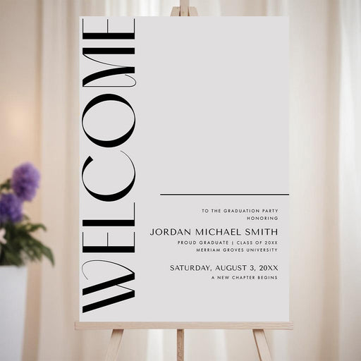 Modern graduation welcome sign with bold vertical typography and personalized details