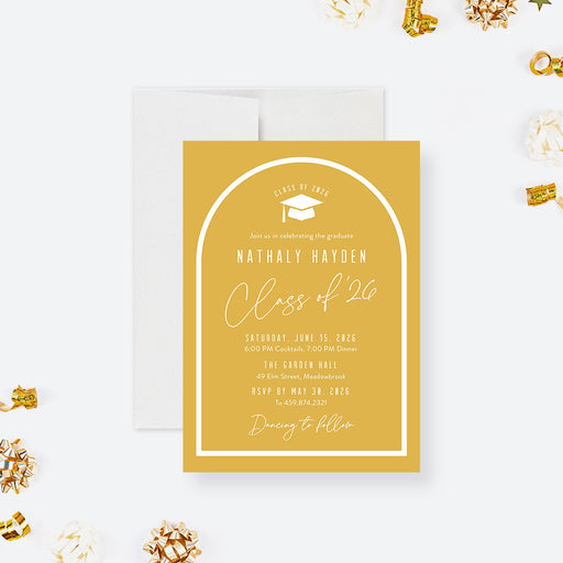 Modern mustard yellow graduation invitation with a white arch and elegant script for the Class of 2026-front