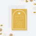 Modern mustard yellow graduation invitation with a white arch and elegant script for the Class of 2026-front