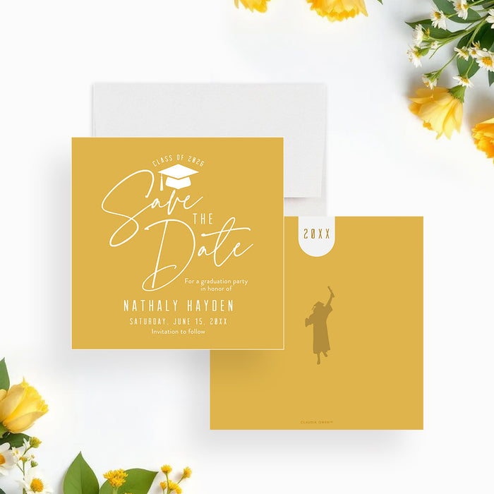 Mustard yellow save the date card for a graduation party featuring white script and a graduation cap icon-front-back