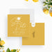 Mustard yellow save the date card for a graduation party featuring white script and a graduation cap icon-front-back