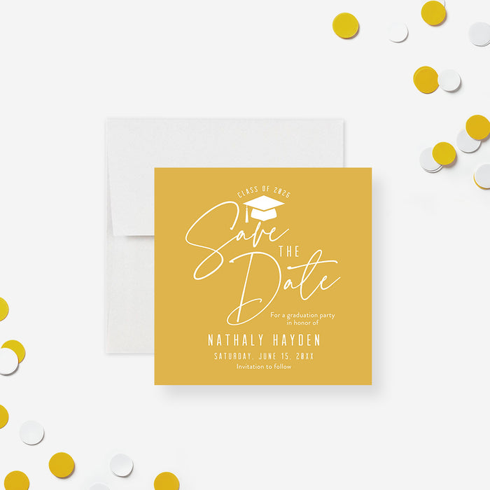 Mustard yellow save the date card for a graduation party featuring white script and a graduation cap icon-front