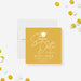 Mustard yellow save the date card for a graduation party featuring white script and a graduation cap icon-front