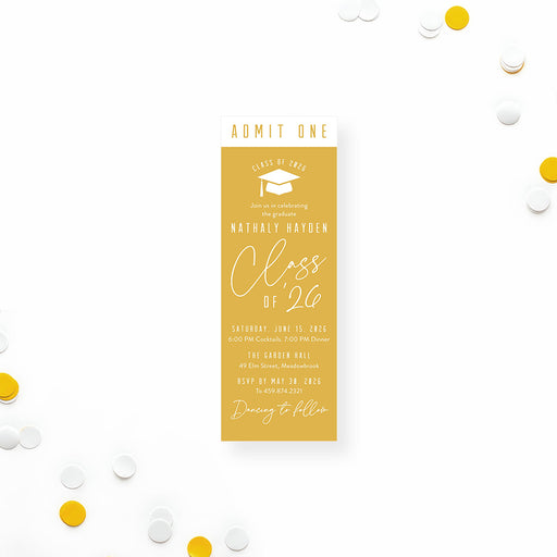 Ticket-style graduation invitation in mustard yellow for the Class of 2026 grad party, admit one design.