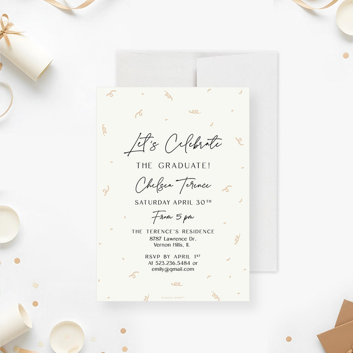 Modern graduation invitation with confetti swirl design in cream neutral tones-front
