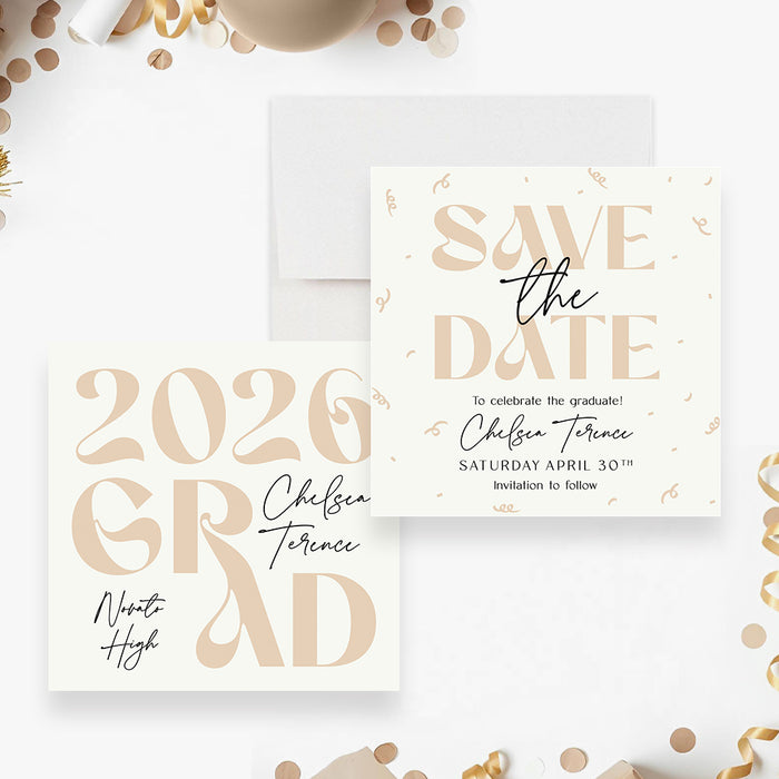 Cream graduation save the date card with modern typography and confetti swirl design-front-back