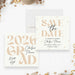 Cream graduation save the date card with modern typography and confetti swirl design-front-back