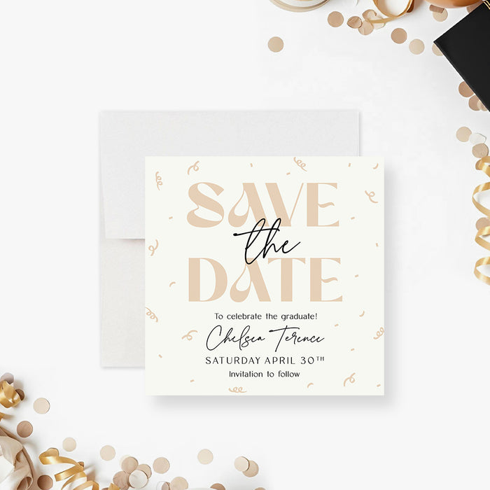 Cream graduation save the date card with modern typography and confetti swirl design-front