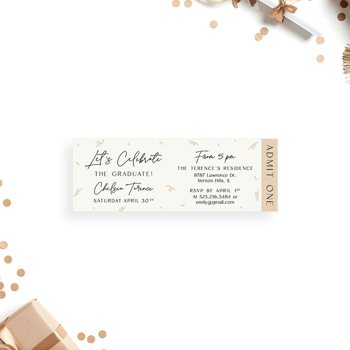 Personalized graduation ticket invitation with photo and confetti swirl design in a cream neutral tone-front