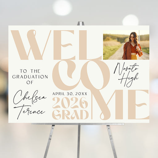 Modern graduation welcome sign with oversized beige typography and personalized photo