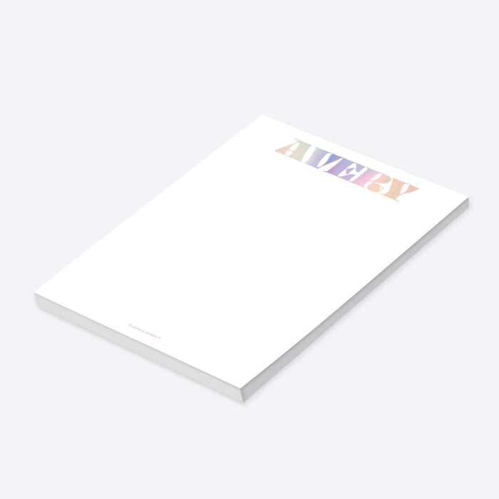 Personalized notepad with bold pastel lettering, ideal as a party favor or custom gift-side