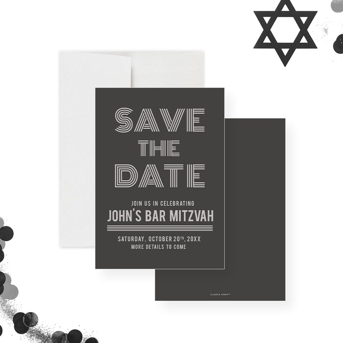 Modern personalized Bar Mitzvah save the date card with a gray background and custom event details-front-back