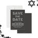 Modern personalized Bar Mitzvah save the date card with a gray background and custom event details-front-back