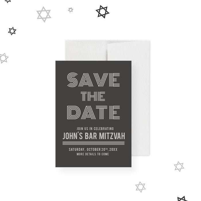 Modern personalized Bar Mitzvah save the date card with a gray background and custom event details-front