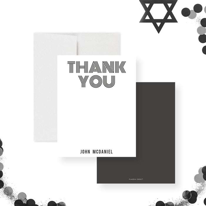 Modern personalized Bar Mitzvah thank you card with celebrant name and matching envelopes-front-back