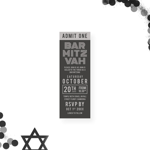Modern personalized Bar Mitzvah ticket invitation with gray background, Admit One design and event details