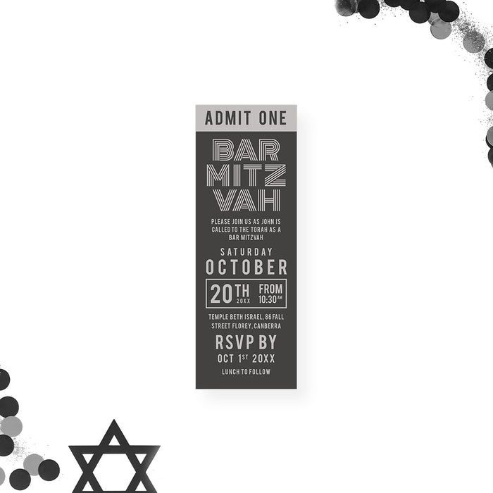 Modern personalized Bar Mitzvah ticket invitation with gray background, Admit One design and event details