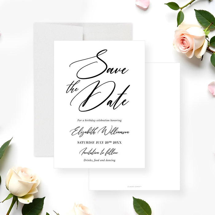 Personalized birthday save the date card with modern minimalist design-front-back
