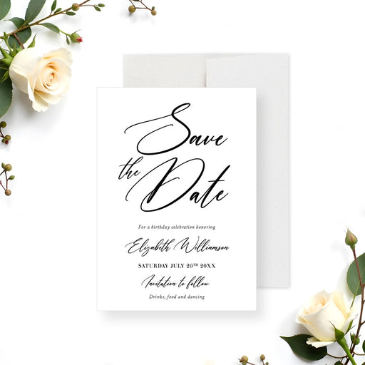 Personalized birthday save the date card with modern minimalist design-front