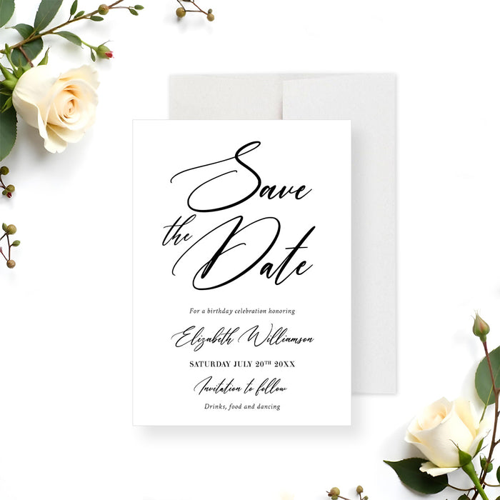 Personalized birthday save the date card with modern minimalist design-front
