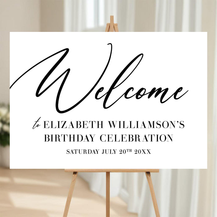 Personalized birthday welcome sign with modern minimalist design, displayed at a birthday party entrance