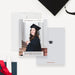 Personalized graduation note card with a graduate photo and class-year text, beside a light gray back with a black graduation cap.
