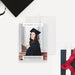 Personalized graduation note card with a graduate photo and class-year text, beside a light gray back with a black graduation cap.