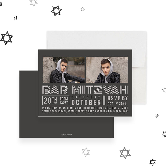 Modern personalized Bar Mitzvah invitation with two photos, gray background, and custom event details-front-back