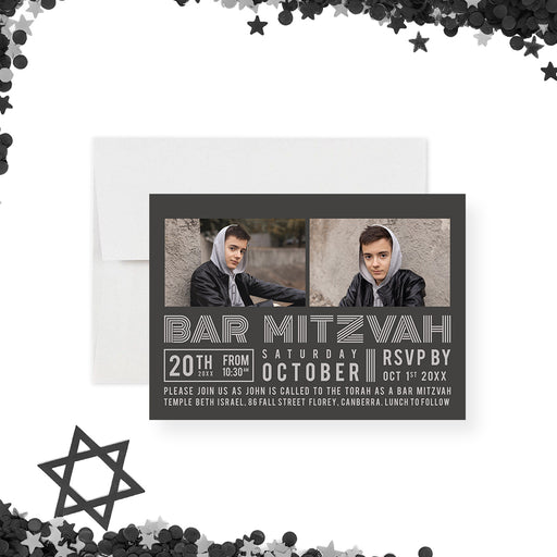 Modern personalized Bar Mitzvah invitation with two photos, gray background, and custom event details-front