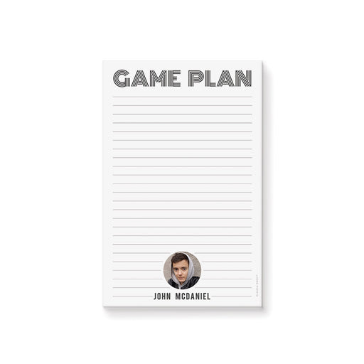 Personalized Game Plan notepad for boys with lined pages, custom photo, and name
