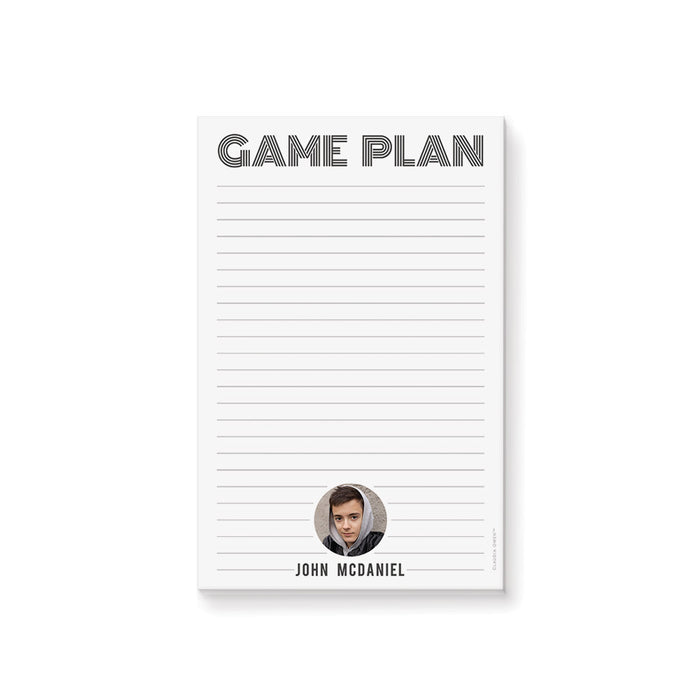 Personalized Game Plan notepad for boys with lined pages, custom photo, and name