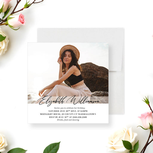 Personalized birthday invitation featuring a custom image and event details-front