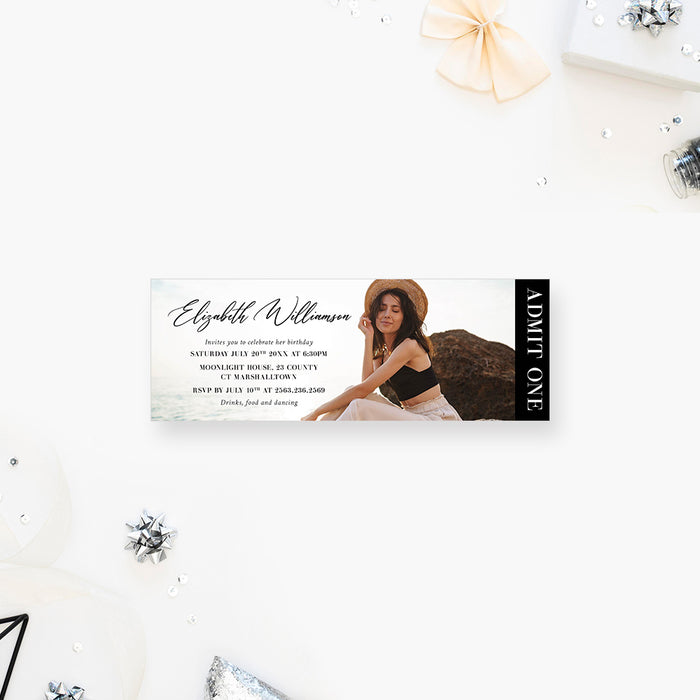Personalized birthday ticket invitation featuring a custom photo and event details