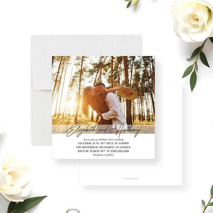 Personalized wedding invitation featuring a romantic couple photo and elegant modern typography-front-back