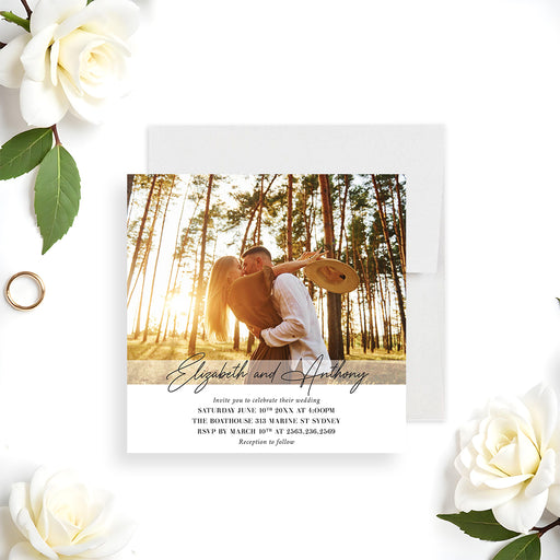 Personalized wedding invitation featuring a romantic couple photo and elegant modern typography-front