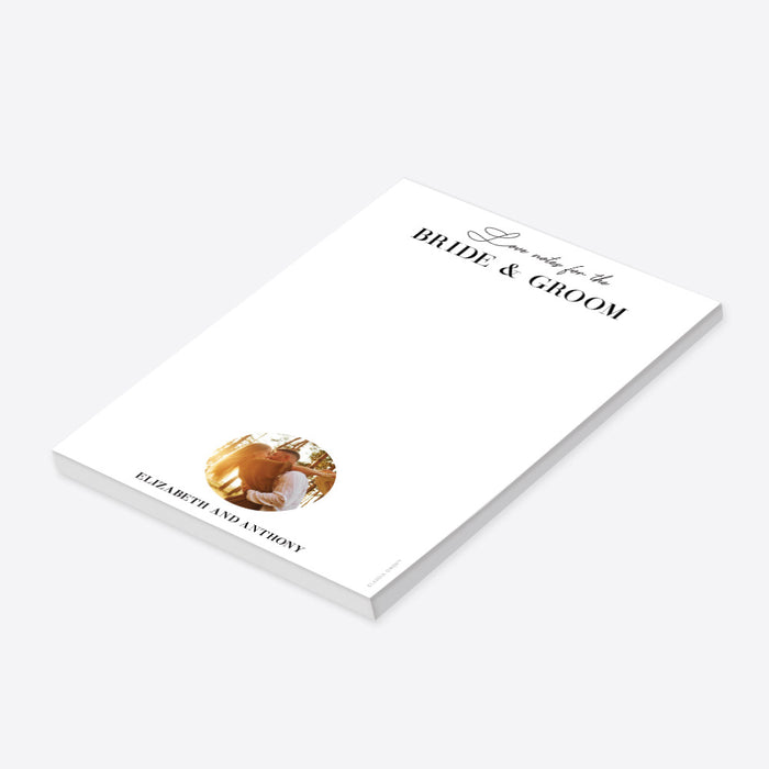 Personalized bride and groom notepad featuring a romantic couple’s photo-side